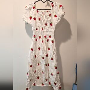 White Anna Rose  Midi Dress with Strawberry Embroidered Print